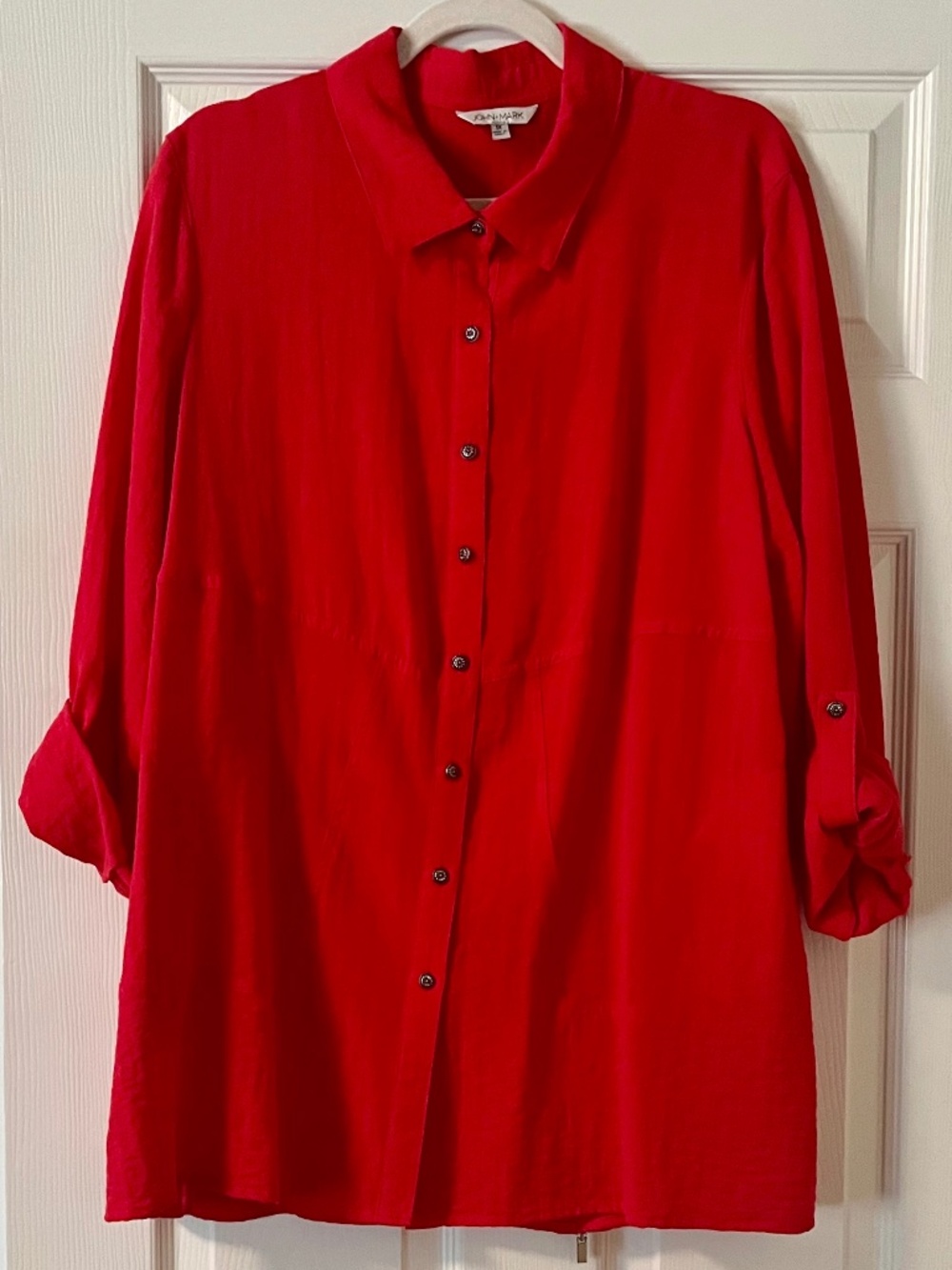 John Mark 1X Red Longline Tunic Blouse Back Zip Roll Tab Sleeves